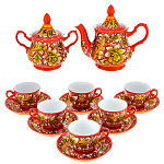  Хохлома Фарфор Сервиз Чайный на 6 перс. (14 пр.) кудрина  на красном (белый)