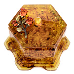 0068541/НП  Изделия из янтаря ШКАТУЛКА шестиугольная  "Ветка розы" 13*13*9см