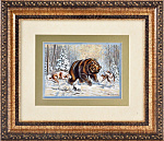 0012495 КАРТИНА Перламутровая "Охота на медведя" в раме, паспарту