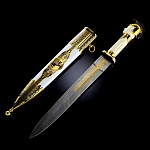  Златоуст КИНЖАЛ "МАКЕДОНСКИЙ" ст.65г-Х12МФ1 К/Н ник/зол/черн/фианиты/рукоять эпфорин/кожа