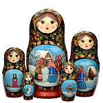 0029917  Хохлома МАТРЕШКА "СКАЗКИ" 5мест 19см (разные сюжеты)