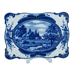 201213 Гжель ТАРЕЛКА декоративная ЗИМА В ДЕРЕВНЕ , 17*12 см