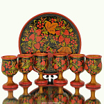 0070946 Хохлома НАБОР ДЛЯ КОНЬЯКА на круглом подносе