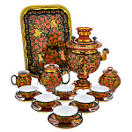 00700272 Самовар электрический+сервиз на 6 перс"КЛУБНИКА" орех 3 л прямоуг