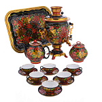 Хохлома САМОВАР 3 л+СЕРВИЗ на 6 персон "ЯГОДНЫЙ" на черном поднос прямоуг.