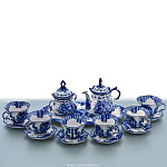 /Срв-кружки-6пер Гжель СЕРВИЗ"АНЕМОН"с подносом (чайник, сахарница, 6 кружек)