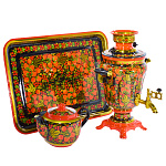 201891 Хохлома САМОВАР 1,5 л  "ЯГОДЫ" (поднос прямоуг и чайник)