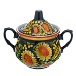 0069098 Хохлома Сахарница  "ПОДСОЛНУХИ" с ручками фарфоровая