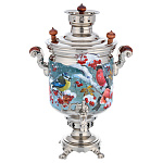 0063369/5л-банка Самовар жаровой "СНЕГИРИ"латунь, никелирование, роспись