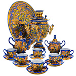 0070895 Самовар электрический+сервиз на 6 перс "КУДРИНА" на синем фоне с розовым поднос овал