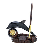 /014024 Нат.камень Обсидиан ЧАСЫ"ДЕЛЬФИН" настольные с держ.для ручки