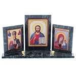 0039534/8795 Нат.камень ИКОНА с подсвечниками ТРИПТИХ змеевик 240*65*125мм 1120гр