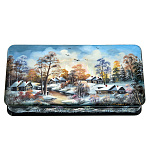 0074174 ШКАТУЛКА с художественной росписью Зима в деревне  перламутр 18*9*4 см