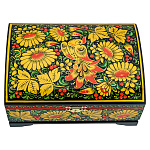 0072571/20*14см Хохлома Шкатулка-сундучок"ЦВЕТЫ ЗОЛОТЫЕ, ПТИЦА" черный фон Р21/Р83