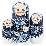 0072540 Матрешка "ЗИМНИЕ УЗОРЫ" 5 мест 18см (бисер, бело-синяя)сер