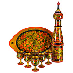 0069772  Хохлома НАБОР ПИТЕЙНЫЙ КЛУБНИКА на овальном подносе: штоф+6 рюмки