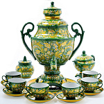 0023194-зеленый-НАБОР с САМОВАРОМ фарфоровым 5л "Хохломские узоры-ЛАНДЫШИ" 6персон 