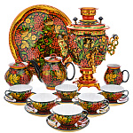 0072430 Самовар эл. 3л  Желудь с Сервизом  на 6 перс. Хохлома "РЯБИНА/малина" 16пр