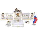 0069829 Нат камень Настольный набор "Лев"Мрамор белый., Бронза, позолота 