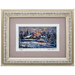0070357/27*22см КАРТИНА Перламутровая "ЗИМА В ДЕРЕВНЕ" в раме, паспарту 27*22см