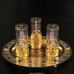 0018924 Златоуст НАБОР питейный; Поднос + 3 стопки  Чешское стекло, позолота, фианиты, в П/У