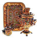 0070256-ЖЕЛУДЬ Самовар Тульский электрический "КУДРИНА ЗОЛОТАЯ"  розов3л. в наб 3 предм. 