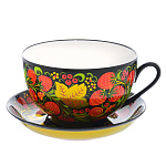 0021133/КЛУБНИКА НА ЧЕРНОМ Хохлома ЧАШКА+БЛЮДЦЕ ЧАЙНАЯ/БУЛЬОННАЯ 