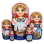 200568 Матрешка "Москва Набережная Кремля" 5 мест красная 19 см
