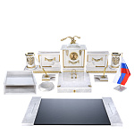 0053884 Нат.камень Письменный набор Мрамор (белый) "ОРЕЛ" лоток, коврик