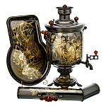 0074884 КОМПЛЕКТ Самовар+труба=поднос жаровой ДРАКОН в черном никеле 57л,банка,гравипрвка
