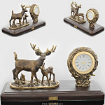 0139253/часы Бронза Скульптура "Олени" подст.дерево