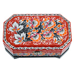 0072569/17*10см-углы Хохлома Шкатулка Сюжет "Цветы серебристые" оранжево-красный фон Р5 