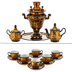 12138-НР Хохлома Самовар электр. ГРУША 3л с сервизом на 6 перс. "Золотая кудрина"  16пр