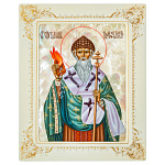 0066731 Икона рукописная Спиридон Тримифунтский перламутр 19*23,5 см белая рама,юв ножка