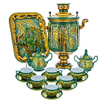 300794 Хохлома Самовар электрич ЛАНДЫШИ на зел, 10 л с сервизом на 6 персон