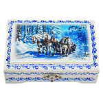 0028860-тройка Хохлома Шкатулка прямоугольная"ЗИМА-ТРОЙКА"  12*8 см Р25