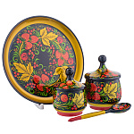 Набор деревянной посуды для кухни с росписью "Клубника". Хохлома