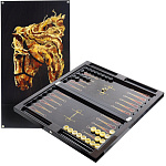 0039151 НАРДОВАЯ ДОСКА 640*600*80 "ЛОШАДЬ" в кейсе (янтарь, темн.мореный дуб)