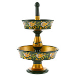 0074862 Хохлома КОНФЕТНИЦА 2-х ярусная ЦВЕТЫ на зел 32*19см