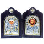 0052382/33,5*24,см/5002187034 Икона Дипптих "Николай/Спаситель"шелкогр/позолота/серебр