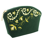 Косметичка бархатная с вышивкой "Нефертити". Темно-зеленая