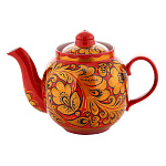 0080284 ХОХЛОМА чайник "Золотая кудрина" красный фон (форма 2) 0,5