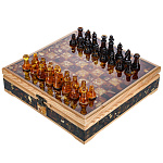 Шахматный ларец с инкрустацией и фигурами из янтаря 28х28 см