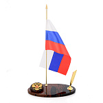 Подставка под ручку овальной формы из обсидиана с флагштоком и гербом РФ