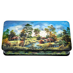 0074176 ШКАТУЛКА с художественной росписью Деревенский пейзаж. Лето  перламутр 18*9*4 см