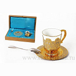 27107 Златоуст Чайный набор 3 предм.(чашка+ложка+блюдце) с Кабошоном, в ПУ (26) 