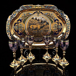 0044156 Златоуст НАБОР ДЛЯ ЛИКЕРА на 6 персон с блюдом синее стекло, фианиты, эмаль