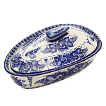 -Тм Гжель БЛЮДО ДЛЯ ГОРЯЧЕГО с крышкой "ЗАСТОЛЬЕ" кобальт ок.35*22*14см