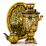 12157- НР Самовар электр. РЮМКА 4л Хохлома  "Золотая кудрина" чайник и поднос