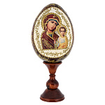0056984/16 см ЯЙЦО ПАСХАЛЬНОЕ С ЛИКОМ "БМ КАЗАНСКАЯ"16/26см на подставке  (дерево, роспись)